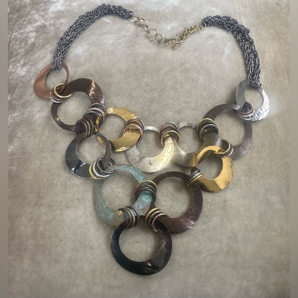 Women’s Handcrafted Bronze, Copper, Hammered Patina, Geometric Necklace